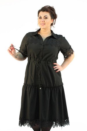 Платье "Ярус" черное с кружевом с пуговками