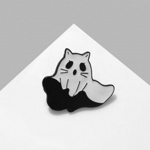 Значок "Привидение" котёнок, цвет чёрно-белый в чёрном металле