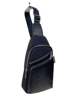 Комбинированная мужская сумка слинг из натуральной кожи и текстиля цвет черный