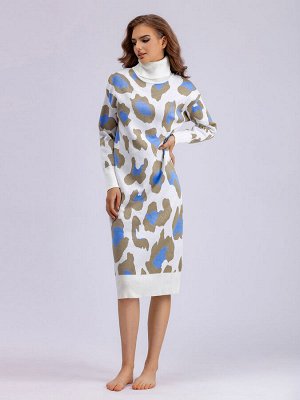 Женское платье оверсайз с высоким горлом, длинные рукава, принт "леопард", цвет белый/синий