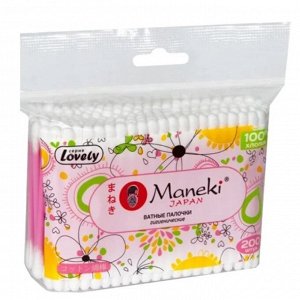 Палочки ватные гигиен. "Maneki" Lovely, с розовым пластиковым стиком, в zip-пакете, 200шт