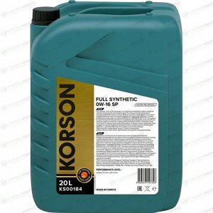 Масло моторное Korson Long Life Motor Oil 0w16, синтетическое, API SN+/SP/SP RC, ILSAC GF-6B, универсальное, 20л, арт. KS00184