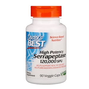 Doctor's Best, Серрапептаза с высокой эффективностью, 120000 SPU, 90 капсул в растительной оболочке