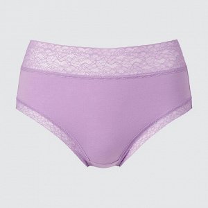 UNIQLO - завышенные однотонные хлопковые трусики с кружевом - 72 PURPLE