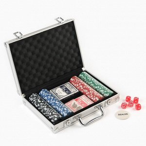 Покер в металлическом кейсе (2 колоды карт, фишки 200 шт б/номинала, 5 кубиков), 20.5 х 29 см