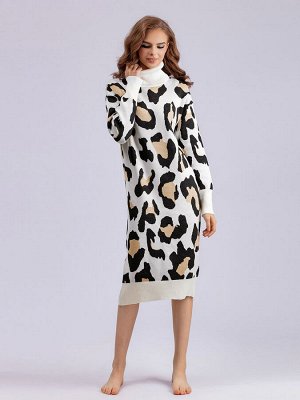 Женское платье оверсайз с высоким горлом, длинные рукава, принт "леопард", цвет белый/черный