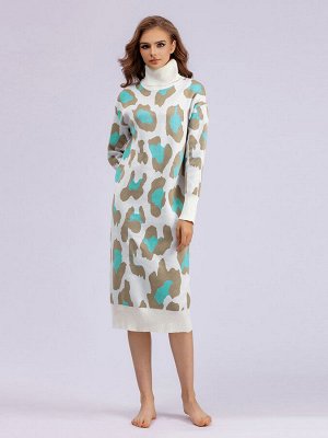 Женское платье оверсайз с высоким горлом, длинные рукава, принт "леопард", цвет белый/голубой