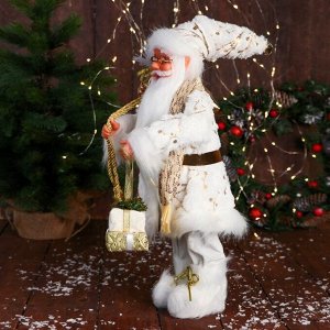 Дед Мороз "С подарками и в ремешке" 50 см, бело-золотой
