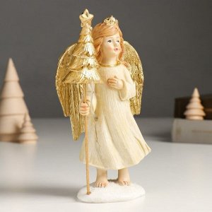 Сувенир полистоун "Девочка-ангел в бежевом платье с ёлочкой" золото 6х9х17 см