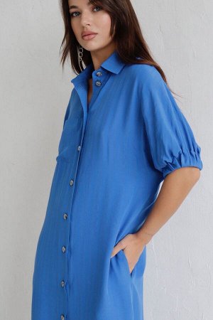 Платье-рубашка с объёмными рукавами тёмно-голубое