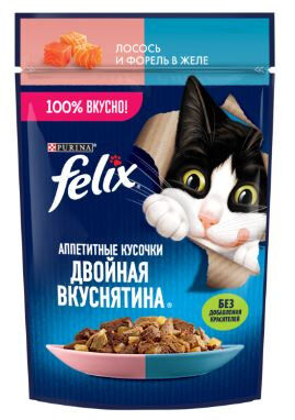 Felix Двойная Вкуснятина влажный корм для кошек Лосось+Форель в желе 75гр пауч АКЦИЯ!