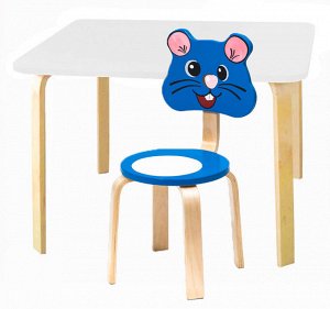 Комплект детской мебели Мордочки с белым столиком (Цвет столешницы:Белый, Цвет сиденья и спинки стула:Голубой)