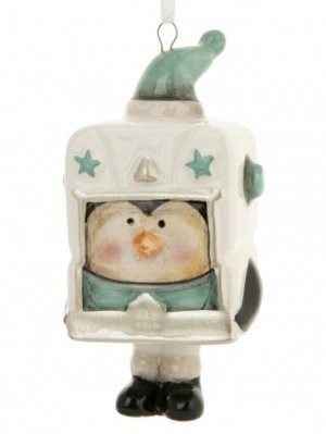 Новогоднее подвесное украшение Пингвин-колокольчик бирюзовый из доломитовой керамики / 4.5X5.5X8см