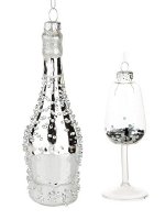 Новогоднее подвесное украшение Бутылка и бокал серебристые из стекла, набор из 2 штук / 4,5х14,5х4,5. 4х11х4см