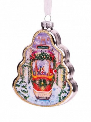 Новогоднее подвесное украшение Дед Мороз в трамвае из стекла / 2,5x8x10,4см (НГ)