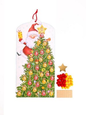 Набор для творчества "Ёлка-календарь Дед Мороз": основание из картона, мягкие шарики из полиэстера (30 шт), звездочка из бумаги, двусторонние клейкие подушечки из ЭВА (32 шт) для крепления/ 21х46,5х1с