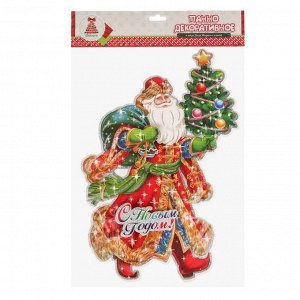 СНОУ БУМ Панно декоративное, бумажное, в виде Деда Мороза с елкой, с блестящим слоем, 31,5 см