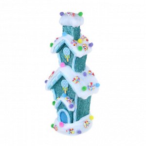 СНОУ БУМ Декор в виде конфетного домика, с глиттером и помпонами, 12,5x10,5x26,5 см, цвет голубой