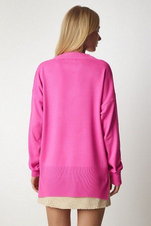 Женский розовый вязаный свитер оверсайз с v-образным вырезом BV00082