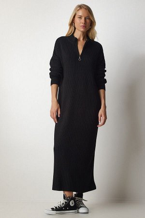 Женское черное трикотажное платье оверсайз в рубчик DD01251