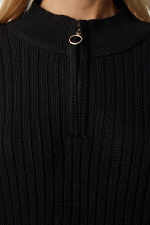 Женское черное трикотажное платье оверсайз в рубчик DD01251