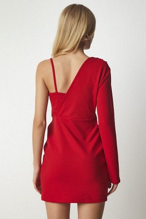 Женское красное трикотажное платье с одним рукавом UB00149