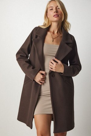 Женское коричневое двубортное пальто на пуговицах с воротником MX00113