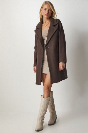 Женское коричневое двубортное пальто на пуговицах с воротником MX00113