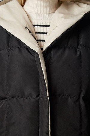 Женский черный кремовый пуховик с капюшоном VP00005