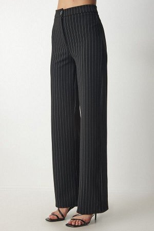 Женские черные удобные трикотажные брюки в тонкую полоску UB00142