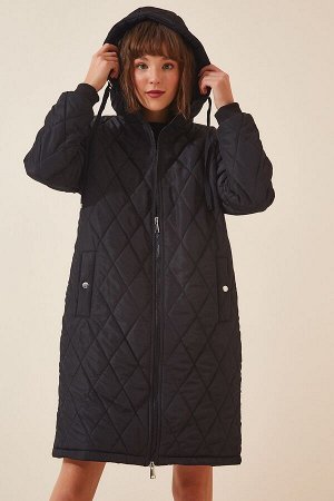Женское черное стеганое пальто с капюшоном DD00996
