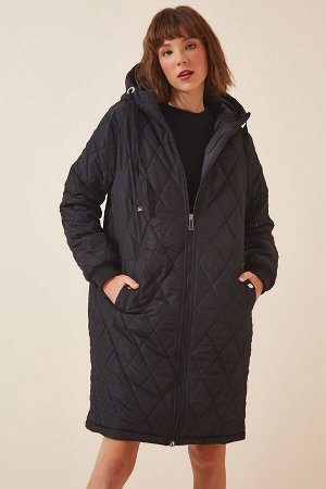 Женское черное стеганое пальто с капюшоном DD00996