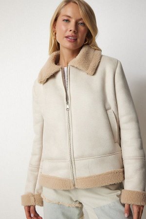 Женское кремовое плюшевое пальто из нубука с детализацией DD01253