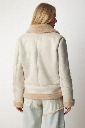 Женское кремовое плюшевое пальто из нубука с детализацией DD01253