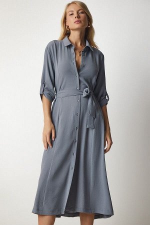 Женское серое вискозное платье-рубашка с поясом DD01256