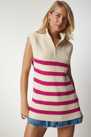 Женский кремово-розовый свитер в полоску с воротником на молнии MX00123