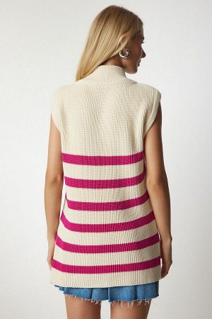Женский кремово-розовый свитер в полоску с воротником на молнии MX00123
