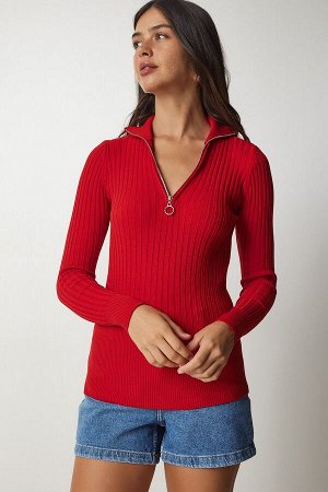 Красная женская блузка из трикотажа в рубчик на молнии с высоким воротником BV00093