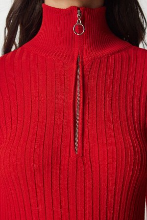 Красная женская блузка из трикотажа в рубчик на молнии с высоким воротником BV00093