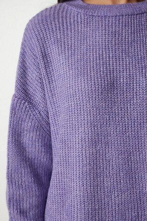 Женский сиреневый длинный базовый трикотажный свитер оверсайз BV00099