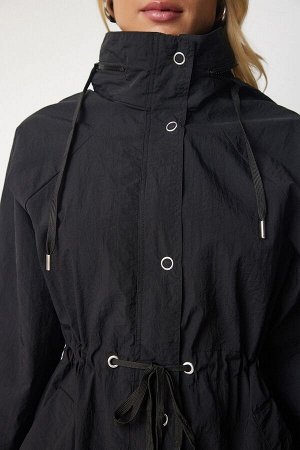 Женский черный сезонный плащ со скрытым капюшоном WF00046