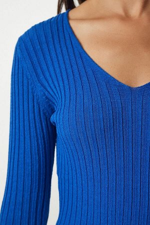 Женская синяя базовая блузка в рубчик с v-образным вырезом BV00096