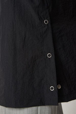 Женский черный сезонный плащ со скрытым капюшоном WF00046