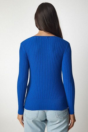 Женская синяя базовая блузка в рубчик с v-образным вырезом BV00096