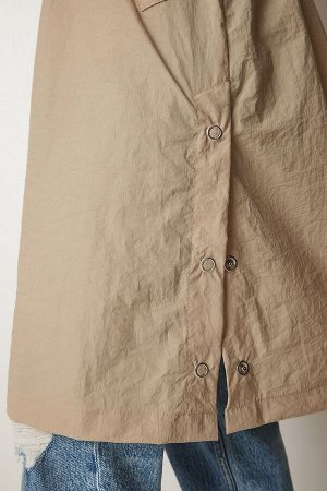 Женский сезонный плащ светло-коричневого цвета со скрытым капюшоном WF00046