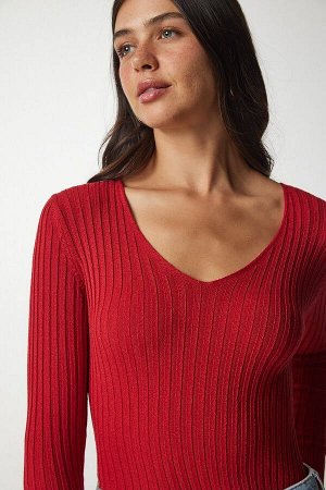 Женская красная базовая блузка в рубчик с v-образным вырезом BV00096