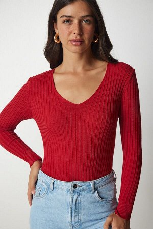 Женская красная базовая блузка в рубчик с v-образным вырезом BV00096