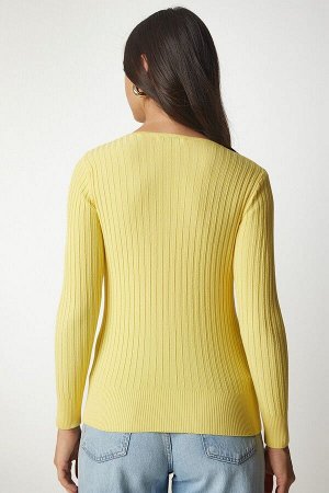 Женская желтая базовая блузка в рубчик с v-образным вырезом BV00096