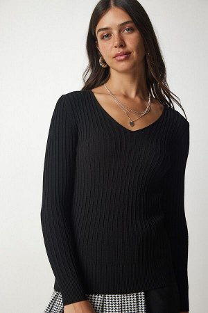 Женская черная базовая блузка в рубчик с v-образным вырезом BV00096
