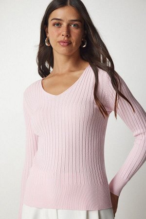 Женская светло-розовая базовая блузка в рубчик с v-образным вырезом BV00096